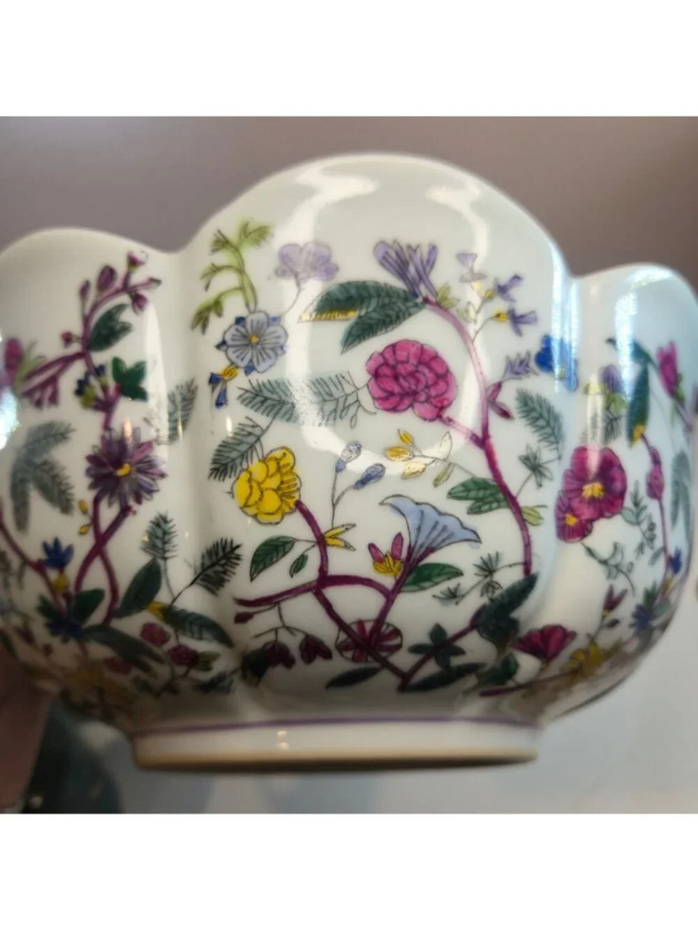 Vintage New England Pottery Floral Planter Bowl Scalloped colorful Wildflowers